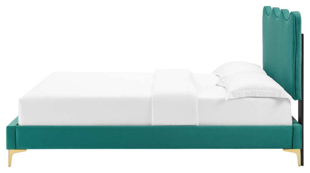 Platform Bed Frame, King Size, Teal Blue, Velvet, Modern, Bedroom Guest Suite