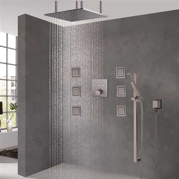 FontanaShowers Brushed Nickel Ceiling Mount Rainfall Shower Set, Thermostat