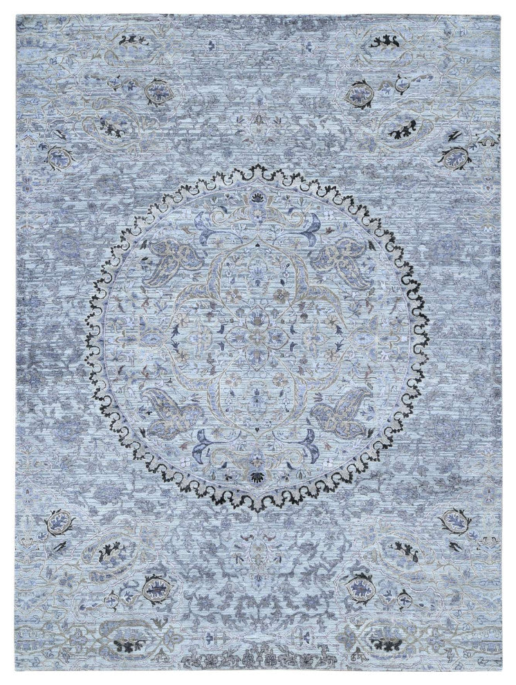 Silver Gray, THE MAHARAJA Design, Silk With Wool Hand Knotted Rug, 9'0"x12'0"