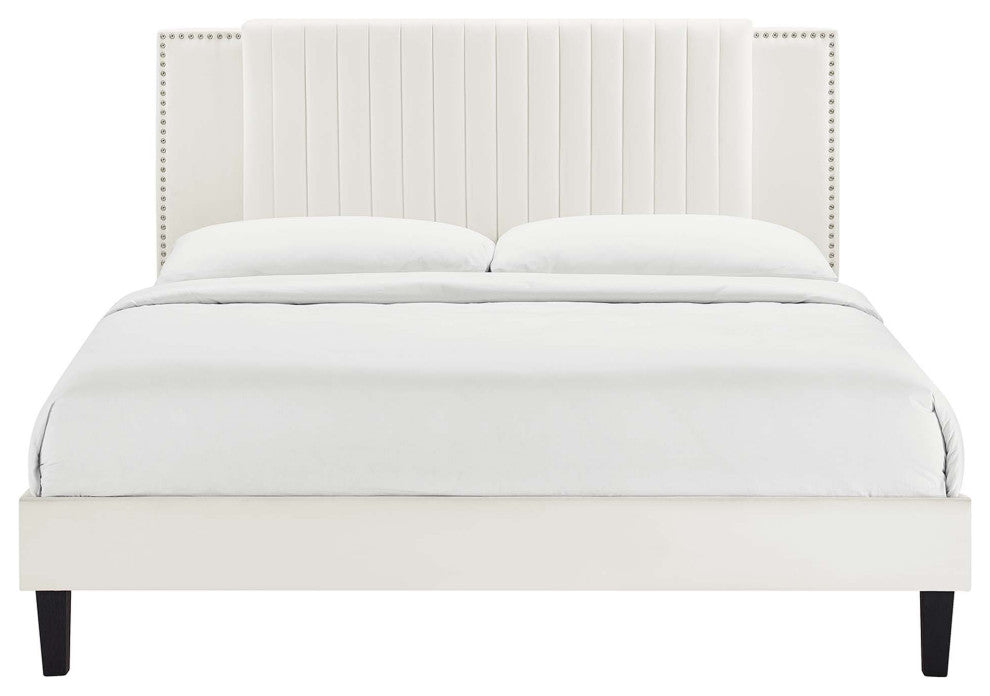 Zahra Channel Tufted Performance Velvet Queen Platform Bed, White