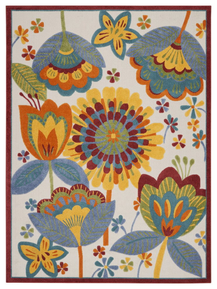 7' X 10' Yellow And Ivory Floral Indoor Outdoor Area Rug