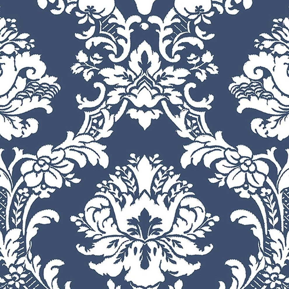 Classic Silks 2, Damask Stripes Silk Emboss Blue, White Wallpaper Sample