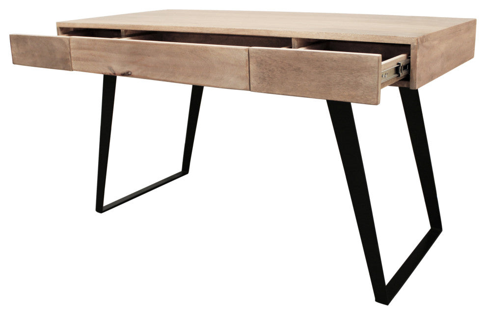 Sloane Solid Wood 3 Drawer Desk with Cast Iron Legs in Gray