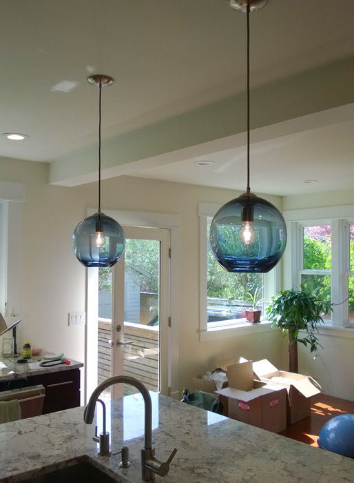 Metro Blown Glass Pendant Light Made in Rhode Island, Bluestone, 6 X 6, Satin Br