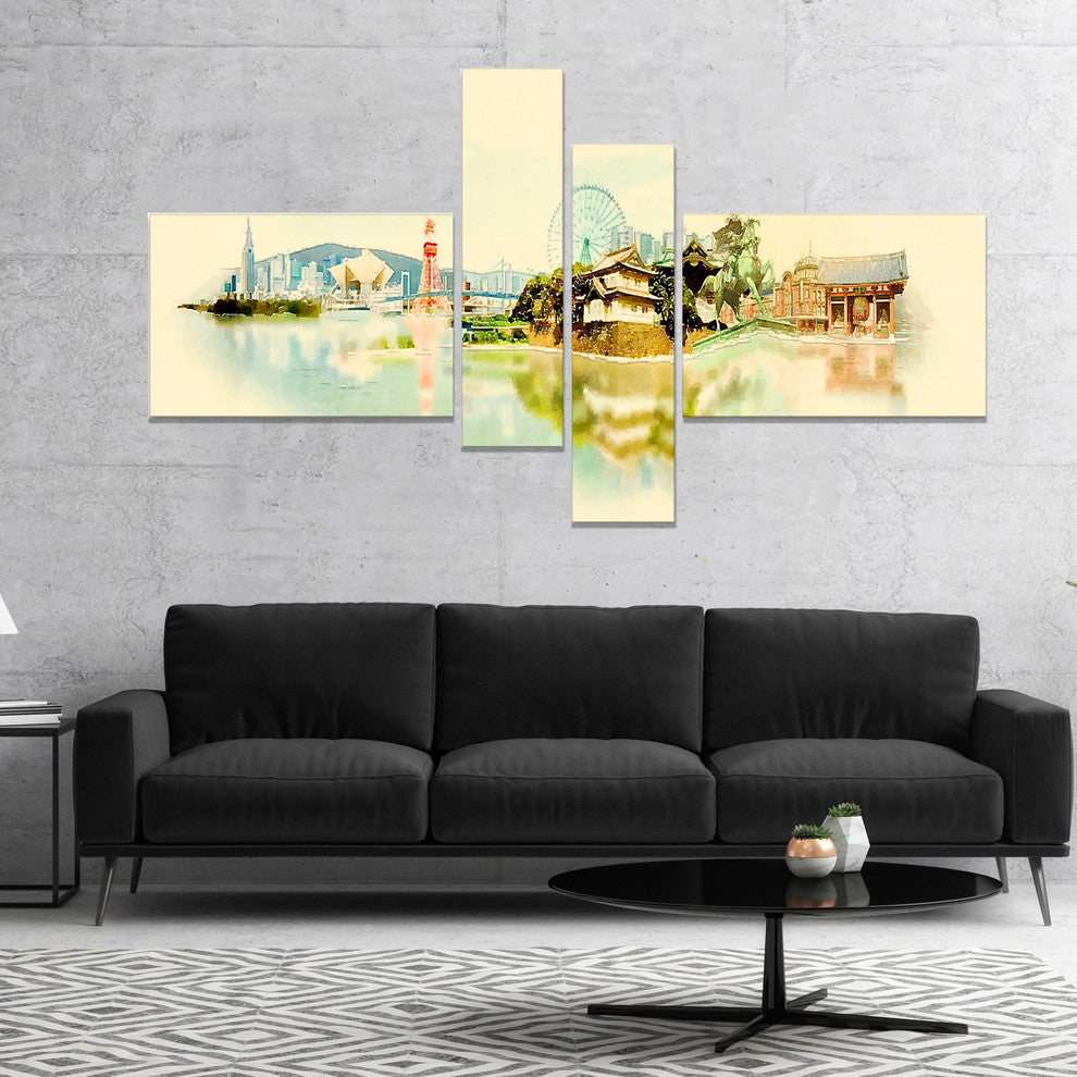 Tokyo Panoramic View, Cityscape Watercolor Canvas Print, 60"x32", 4 panels