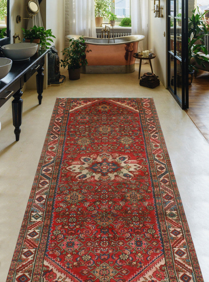 Fine Vintage Distressed Mark Red/Ivory Runner, 3'9x8'10