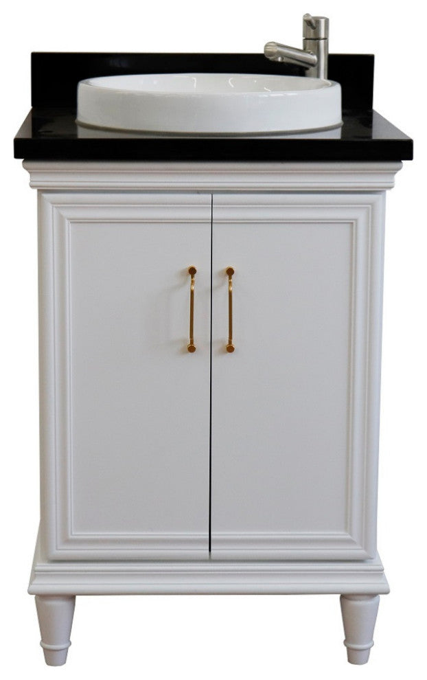 25" Single Vanity, White Finish With Black Galaxy And Round Sink