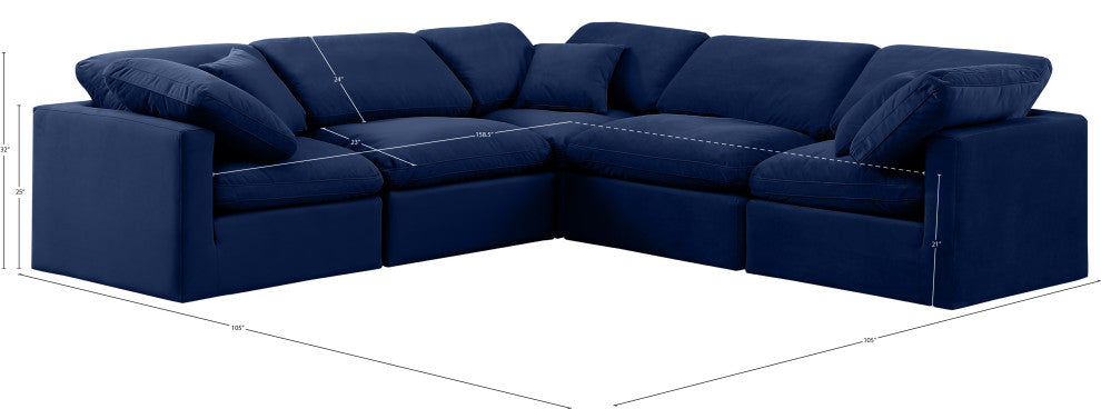 Indulge Upholstered Modular L-Shaped Sectional, Navy, 5-Piece: 2 Armless Chair, 3 Corner Chair, Down Stuffed Velvet