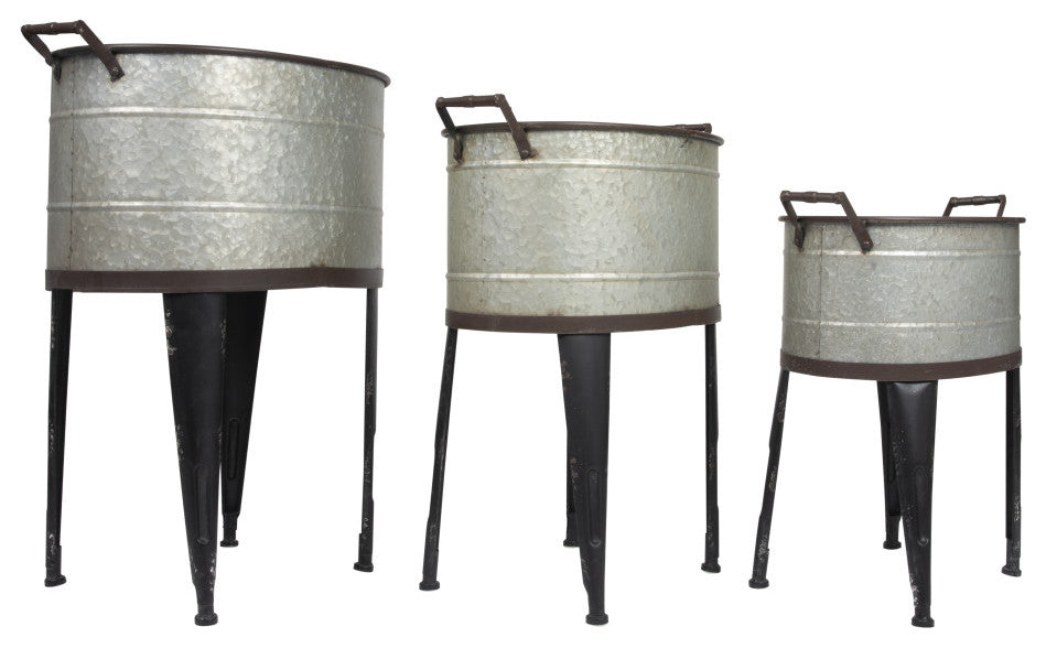 Silver Metal Buckets/Planters with Handles on Stand (Set of 3 Sizes)