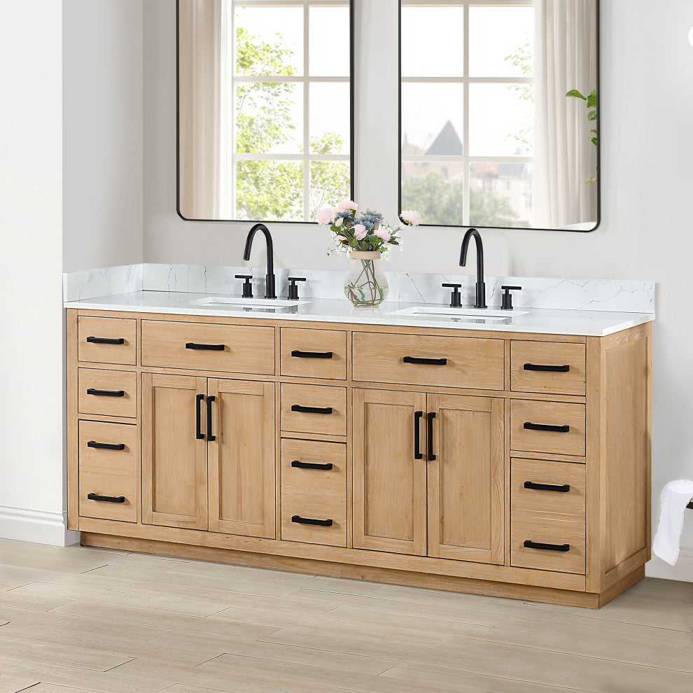 Gavino Vanity With Grain White Composite Stone Top, Light Brown/Matte Black, 84", No Mirror