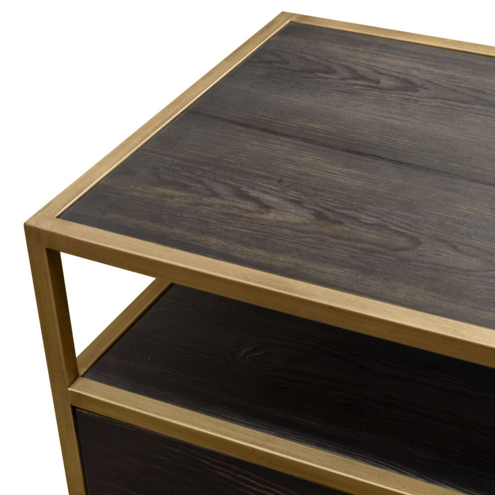 Empire 2-Door End Table With Gold Metal Frame, Dark Brown