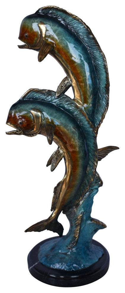 Two Dorado, Mahi Mahi Bronze Statue on Marble Base - Size: 9"L x 9"W x 22"H.