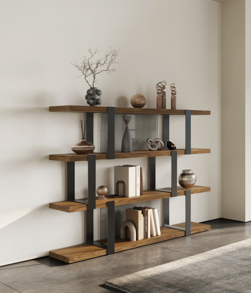 Modrest Brewer Modern Walnut and Black Bookshelf