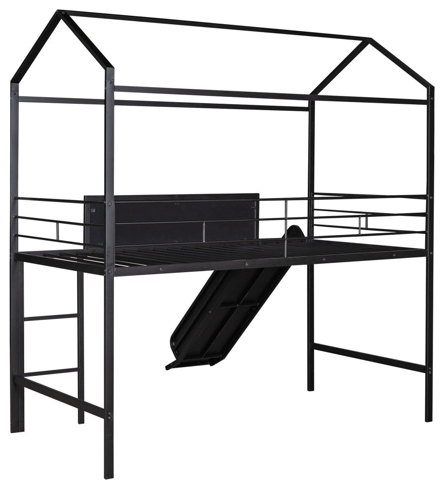 Gewnee Metal Twin House Bed Loft Bed With Slide and Ladder