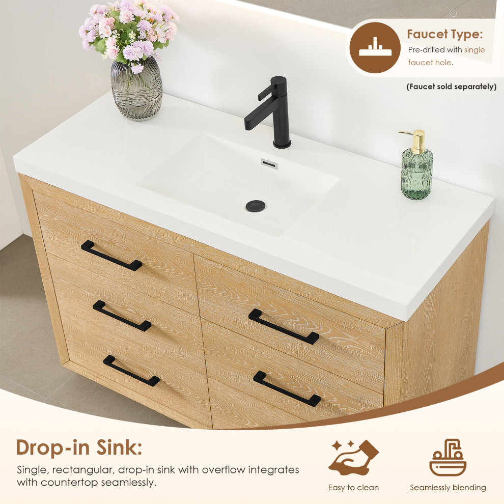 Sigrid Bathroom Vanity, White Oak, 48", No Mirror