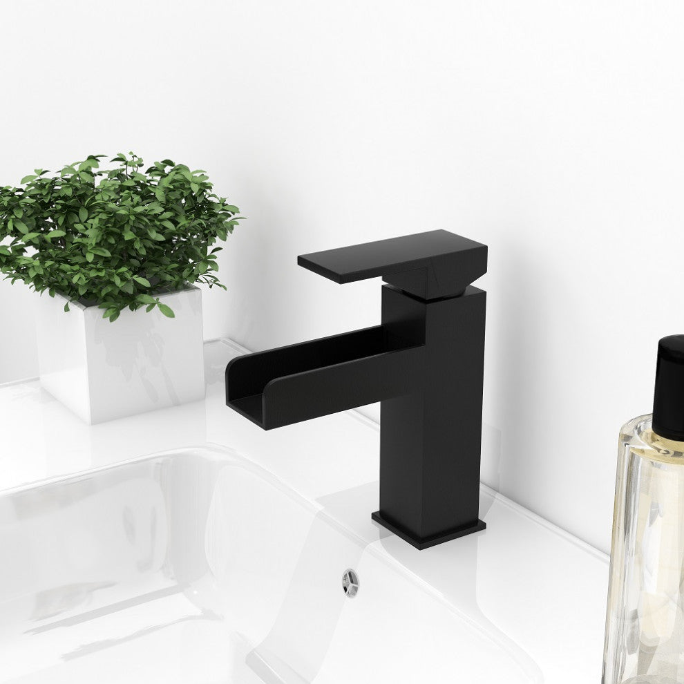 Modern Single Handle One Hole Waterfall Bathroom Sink Faucet Solid Brass, Matte Black