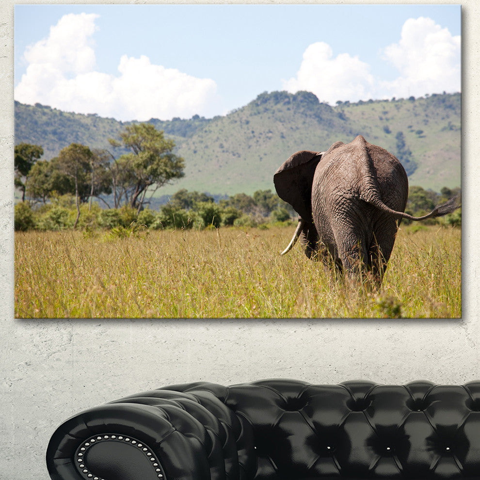 Retreating Elephant in Savannah, Extra Large African Canvas Art Print, 40"x30"