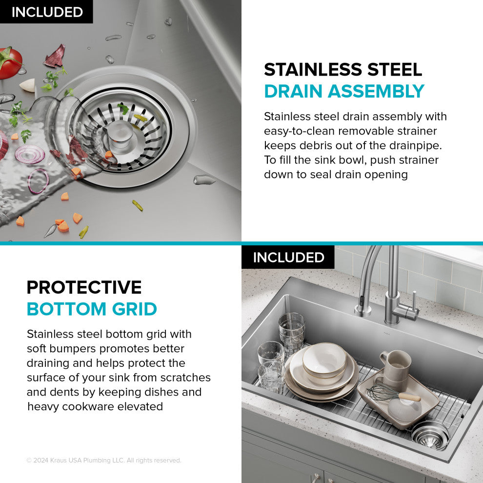 KRAUS Fairlane 33" Drop, / Top Mount 1-Bowl Stainless Steel Kitchen Sink