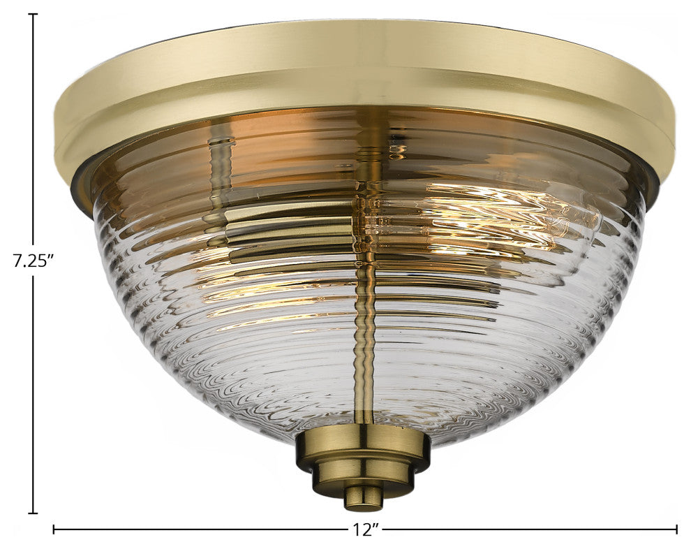12" 2-Light Flush Mount Light, New Age Brass, Clear Ribbed Glass
