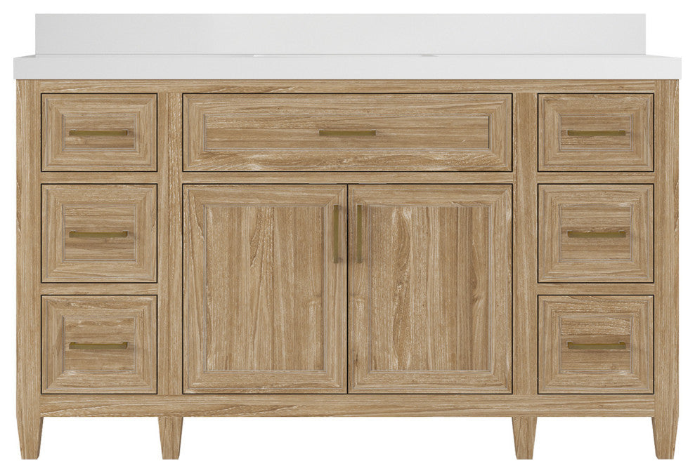 Santa Monica 60 Single Sink Bathroom Vanity in Whitewashed Teak 2" White Quartz