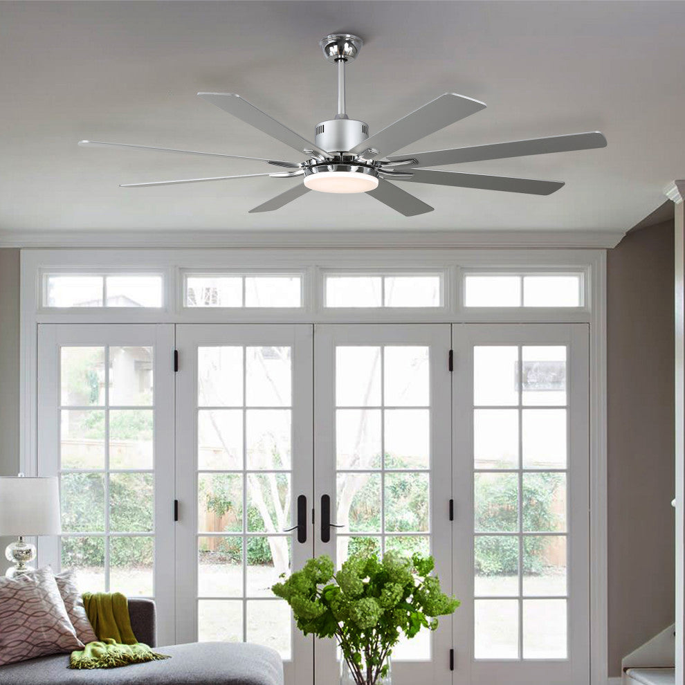 Large 72" Modern 8 Wood Blades Ceiling Fan w Dimmable LED Light Kit , Chrome