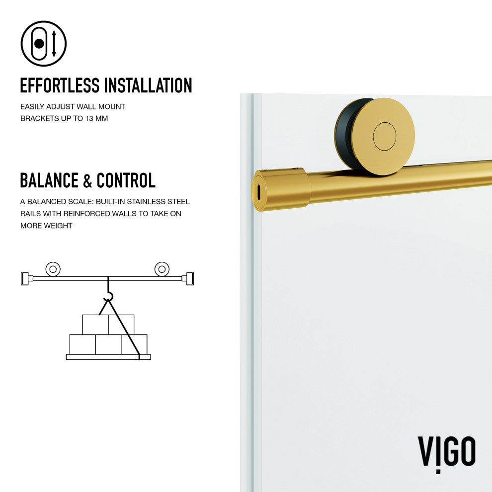 VIGO Elan Frameless Sliding Shower Door, V-Motion, Clear Glass, Matte Brushed Gold, 56" to 60" W X 76" H