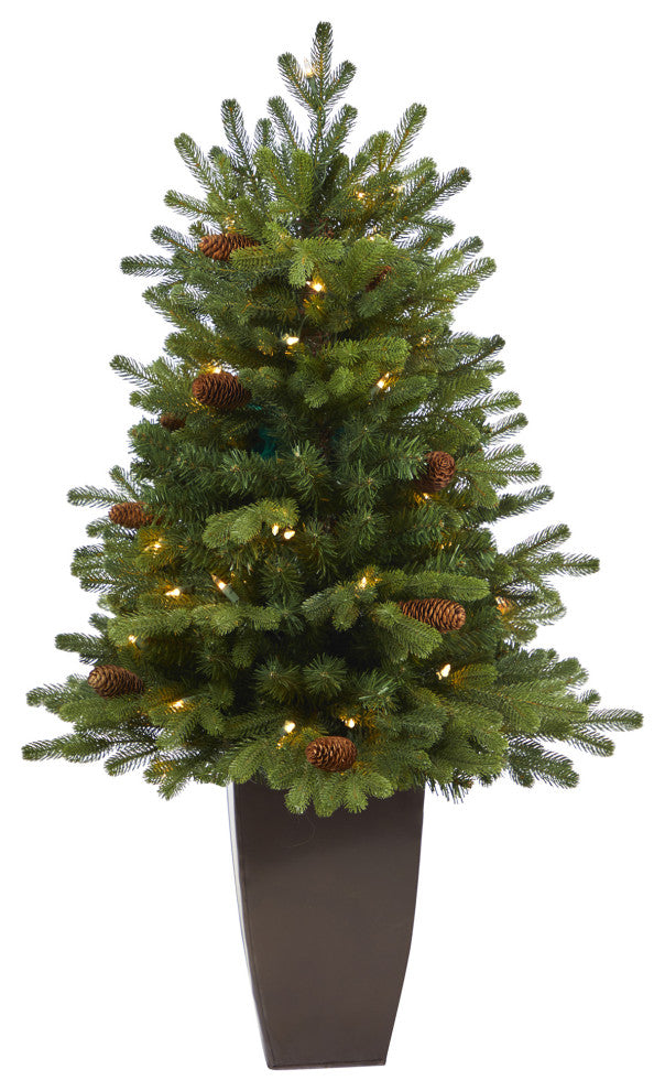 3.5' Yukon Mountain Fir Faux Xmas Tree W/50 Lights & Pinecones, Bronze Planter