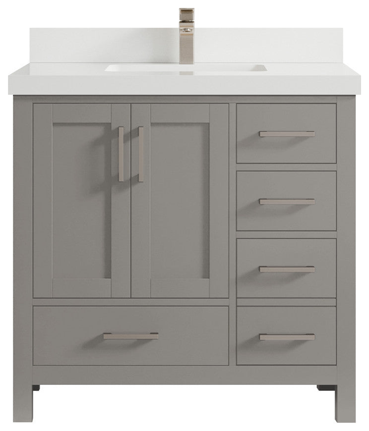 Malibu 36 Center Sink Bath Vanity in Elephant Skin Gray 2" White Quartz