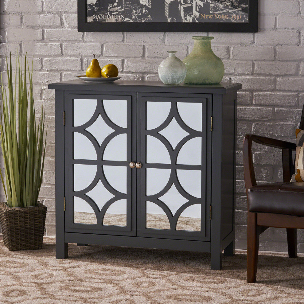 GDF Studio Melee Fir Wood Double Door Cabinet With Mirrored Accents, Charcoal Gray