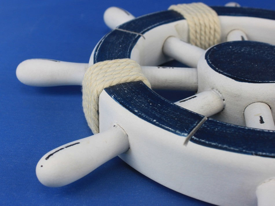 Rustic Dark Blue and White Ship Wheel 12'', Beach Decor, Nautical Ship Wheel
