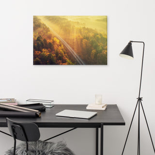 Sunrise Railroad Misty Forest Golden Haze Landscape Photo Canvas Art Print, 24" X 36"