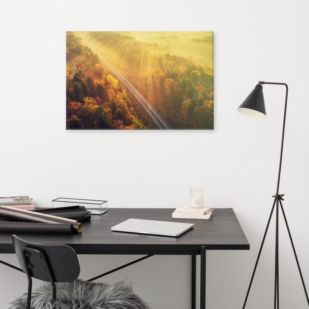 Sunrise Railroad Misty Forest Golden Haze Landscape Photo Canvas Art Print, 24" X 36"
