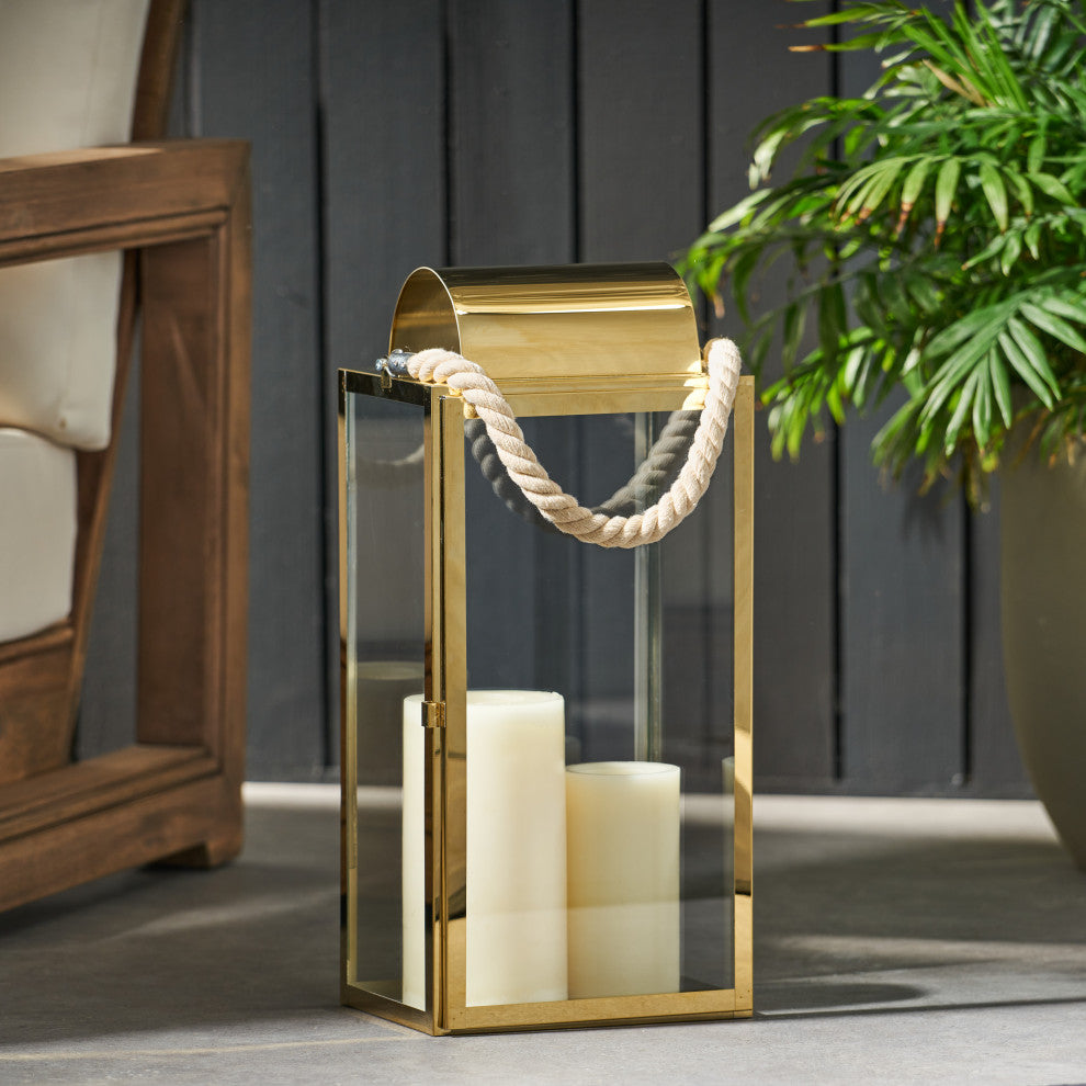 Brianna Outdoor 19" Modern Stainless Steel Lantern, Gold
