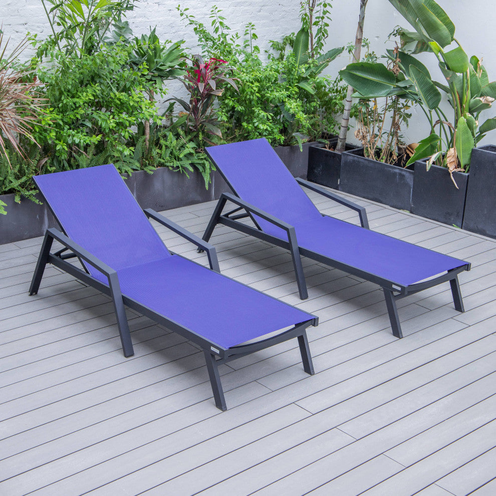 LeisureMod Marlin Outdoor Patio Stackable Chaise Lounge Chair with Arms Set of 2, Navy Blue