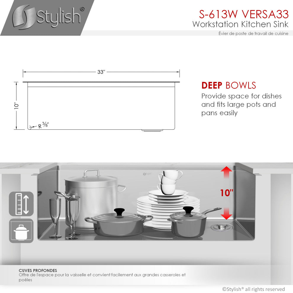 STYLISH Undermount 33" Stainless Steel Single-Bowl Workstation Kitchen Sink