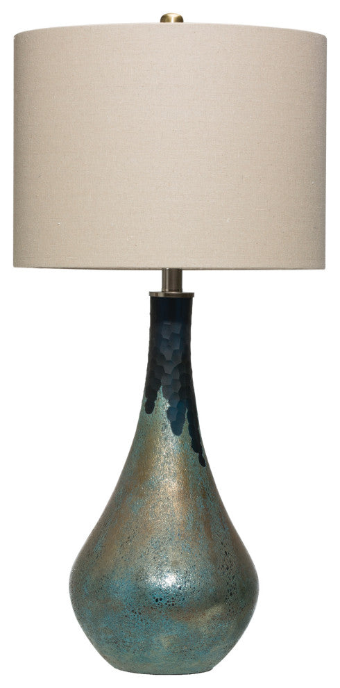 Sculptural Glass Table Lamp with Linen Shade, Set of 2, Blue Opal Glaze
