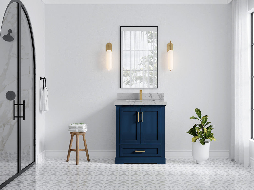Boston 30 Single Sink Bath Vanity in Navy Blue 2" Venatino Quartz