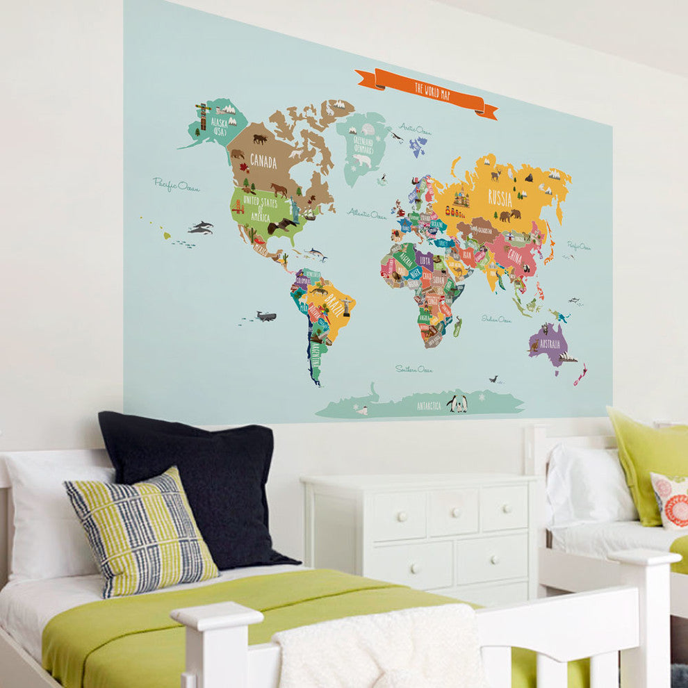 Countries of The World Map, Peel and Stick Vinyl Poster Sticker, Large