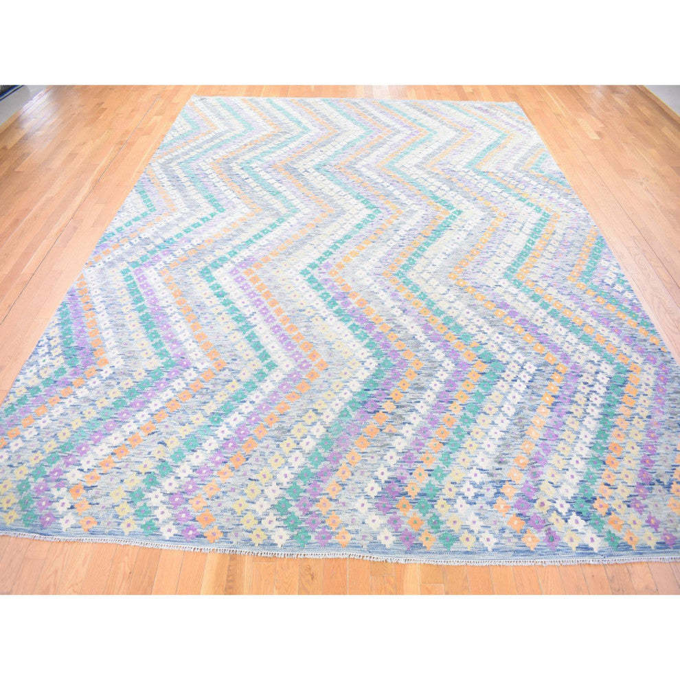 Gray Afghan Kilim with Geometric Design Multicolor Flat Weave Rug 10'3" x 13'2"