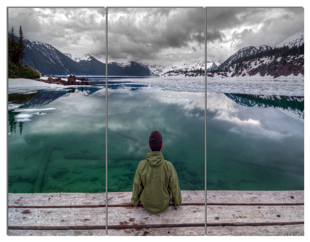 Boy Looking at Clear Mountain Lake, Landscape Canvas Art Print, 36x28, 3 Panels