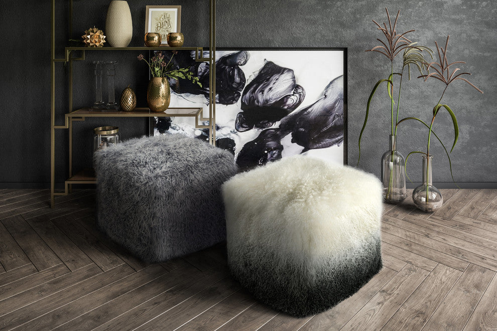 Tibetan Sheep White to Grey Pouf - White
