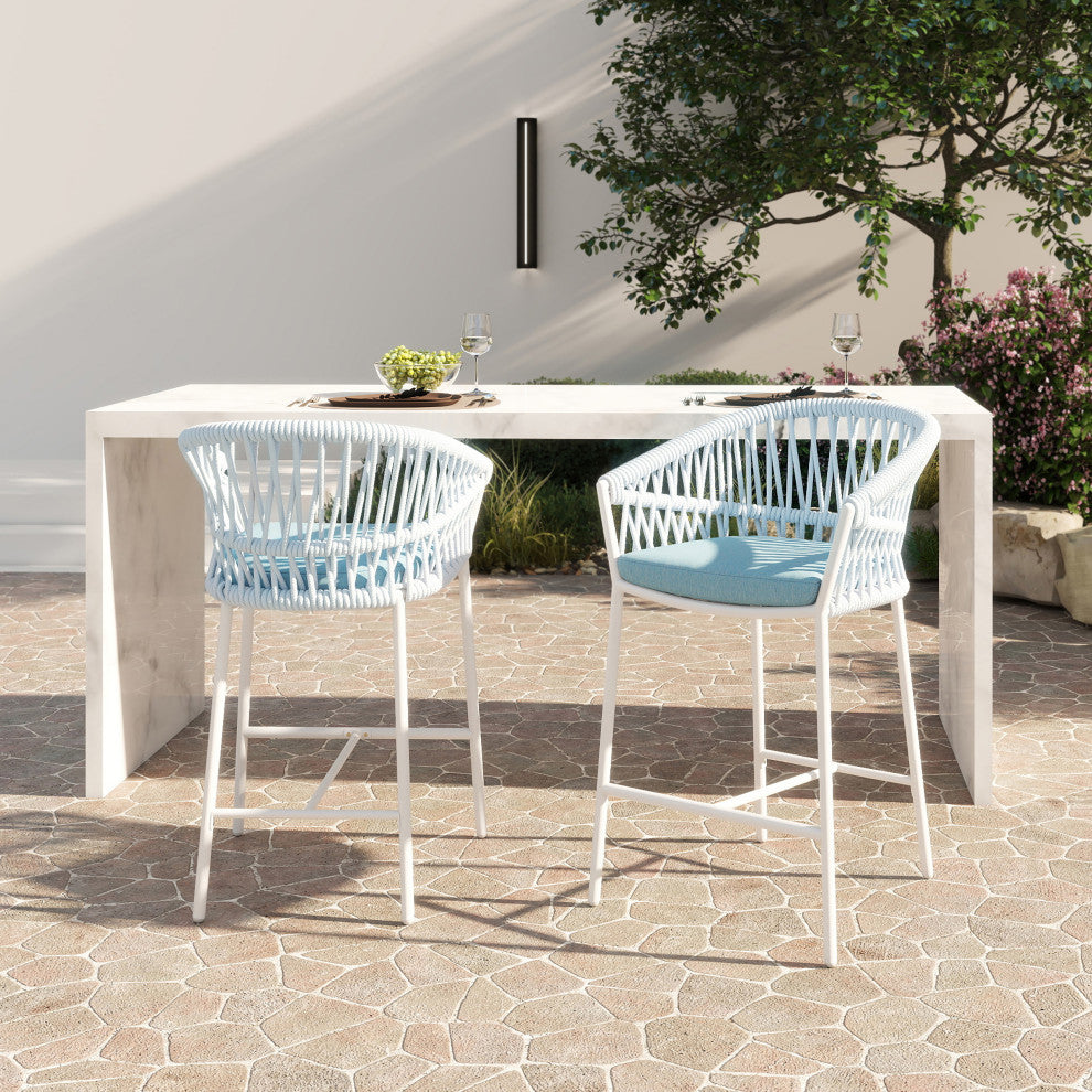 Maiden 27" Woven Barrel Back Outdoor Patio Counter Stool, Set of 2, Sky Blue Sunproof Olefin
