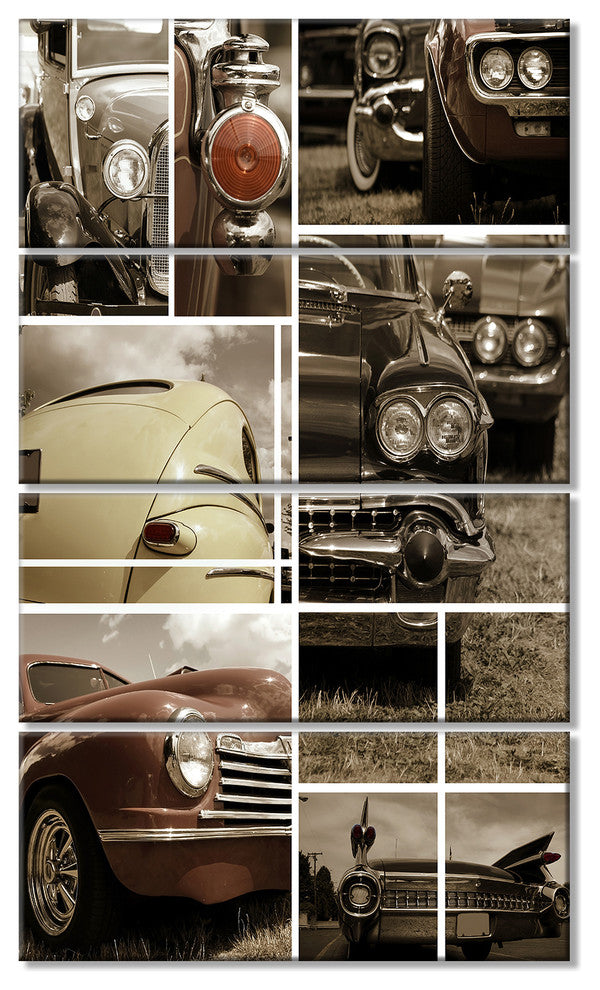 Classic Car Collection Collage, Abstract Canvas Art Print, 28"x48", 4 Panels