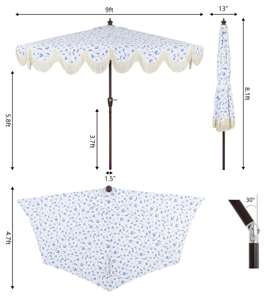 9ft Half Market Umbrella, Scalloped Fringe, Crank, Button Tilt, UV Protection