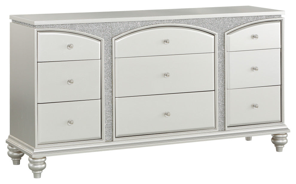Benzara BM204550 9 Drawer Wooden Dresser With Rhinestone Inlays, Silver