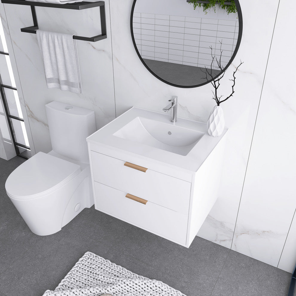 24" MDF Wall Mounted Bath Vanity, Integrated Ceramic Sink, White