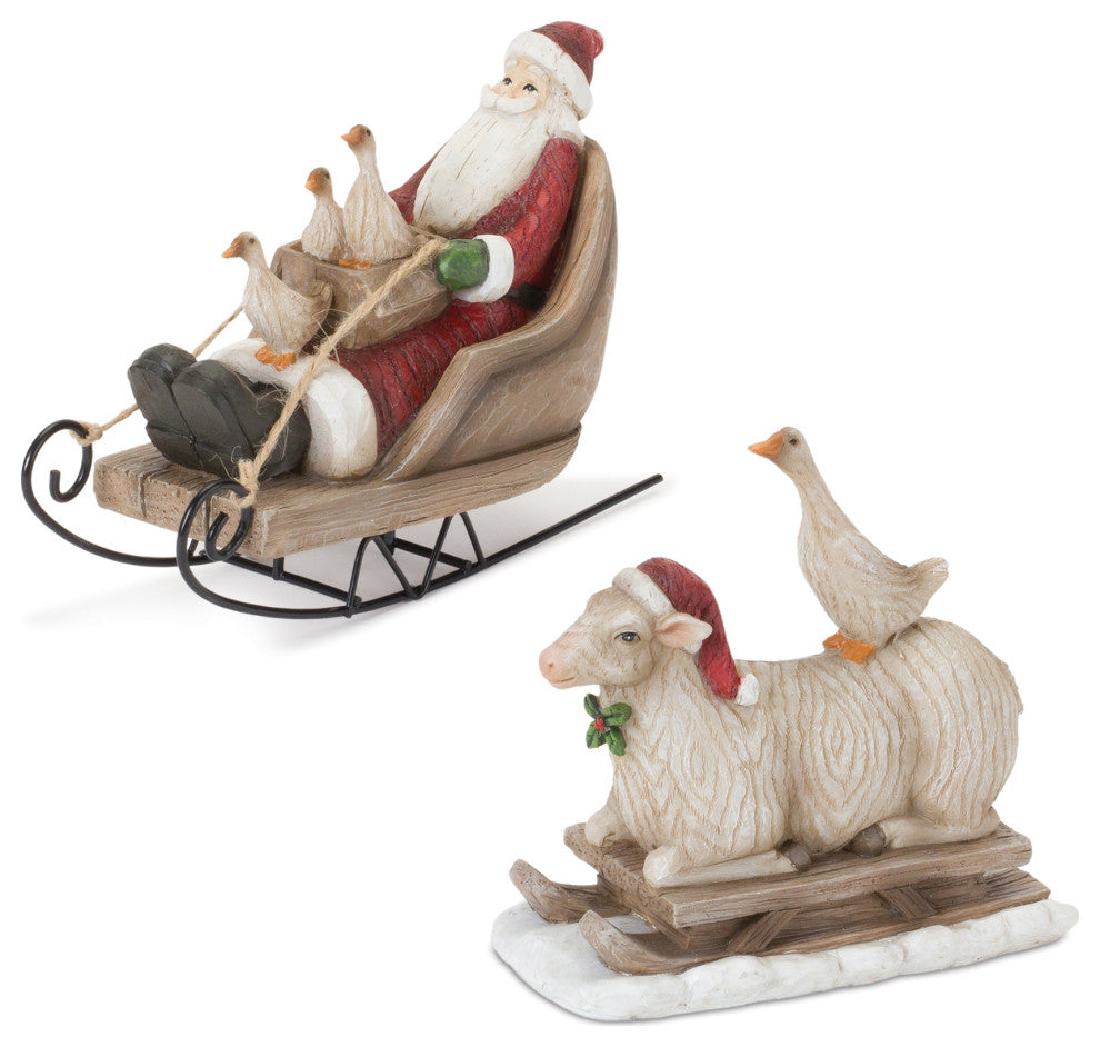 Farmhouse Santa on Sled Figurine, 2-Piece Set