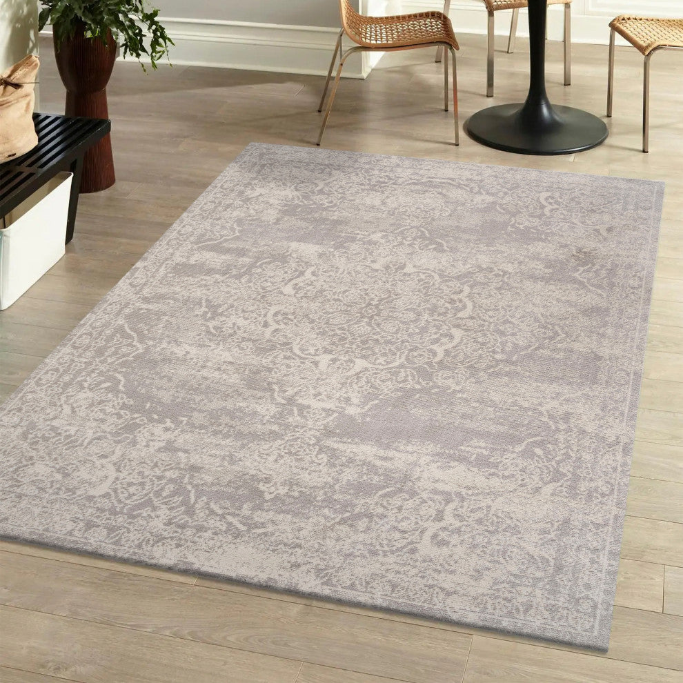 Alhambra Ornate Medallion Modern Runner Rug, Ivory, 8'x10'