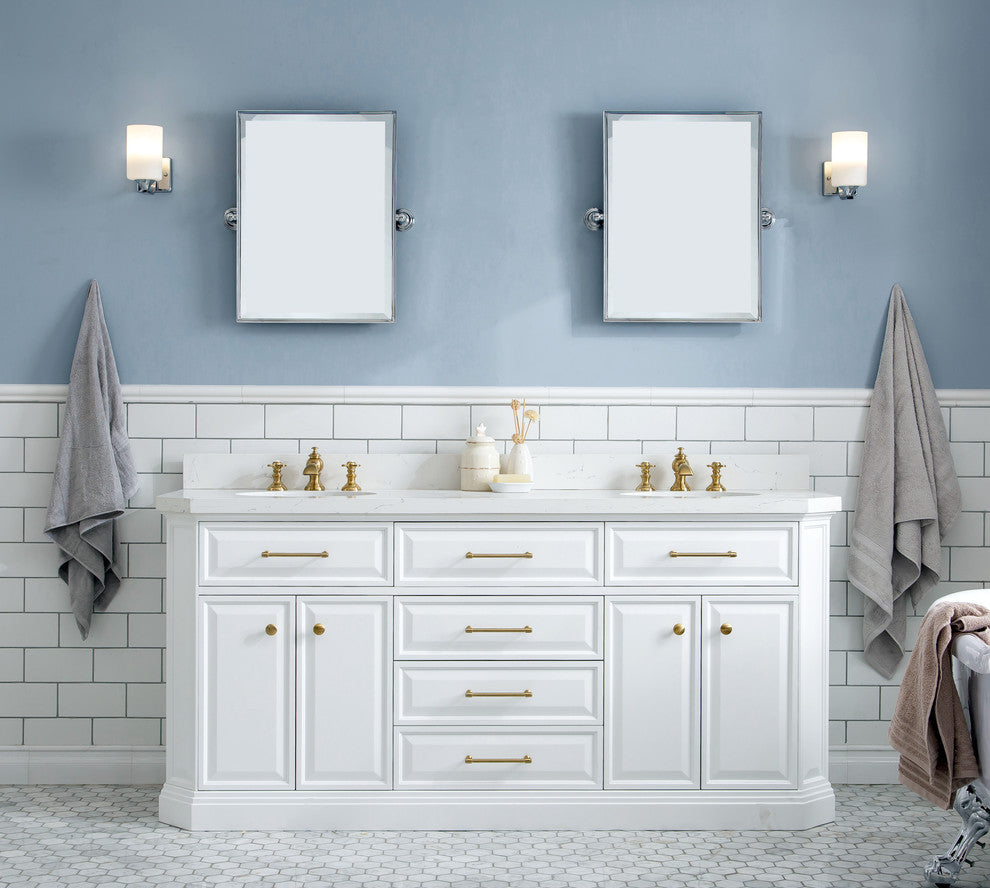 72" Palace Quartz White Vanity With Brass Hardware, Faucets and Chrome Mirrors