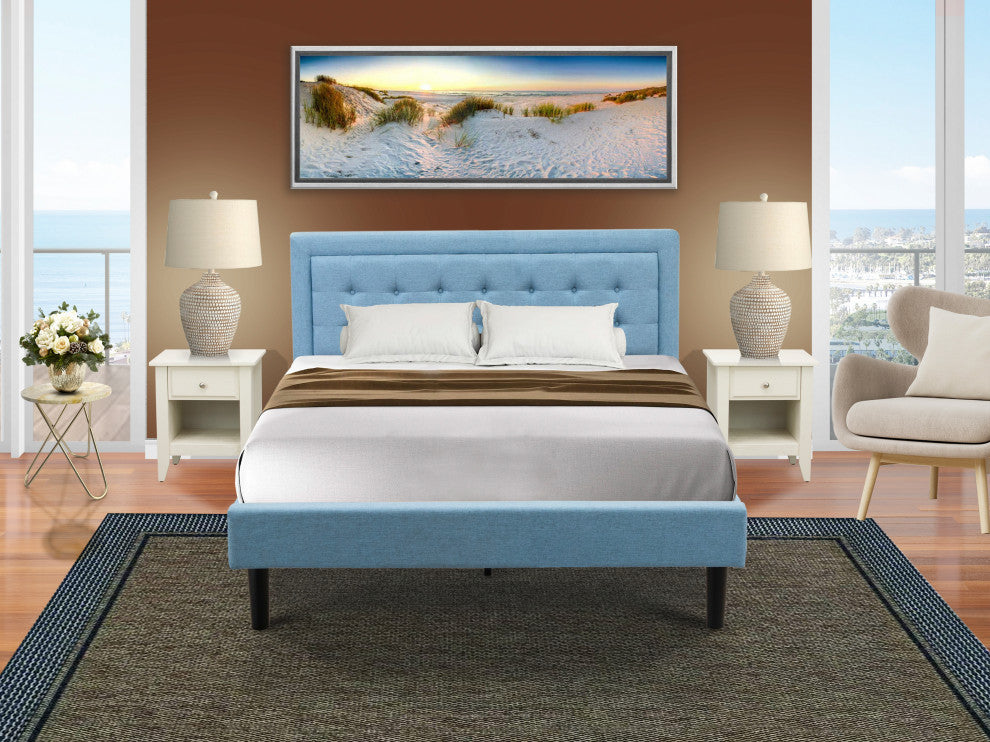 3Pc Fannin Queen Bedroom Set, 1 Bed, 2 Night Stands For Bedrooms, Denim Blue